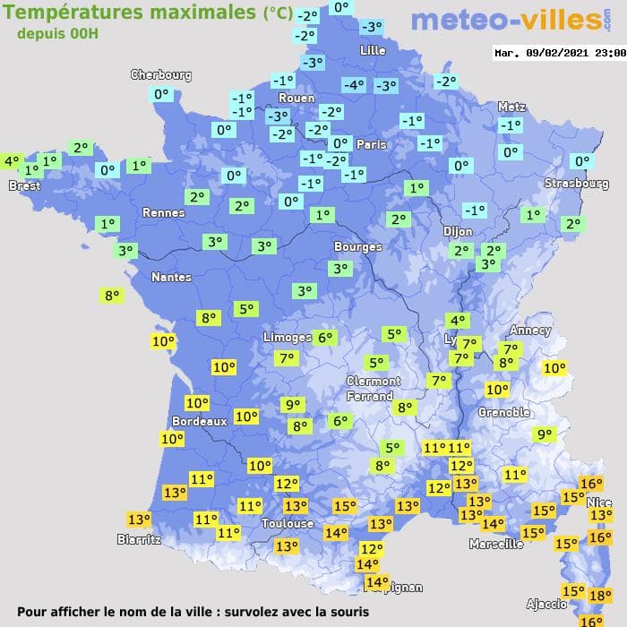 Températures maximales (°C) depuis 00h