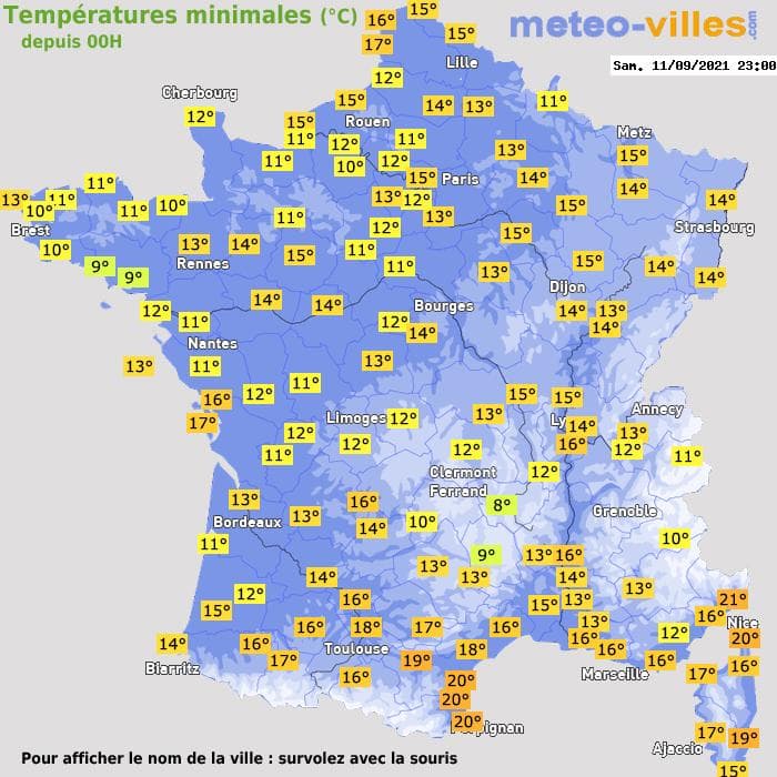 Températures minimales (°C) depuis 00h
