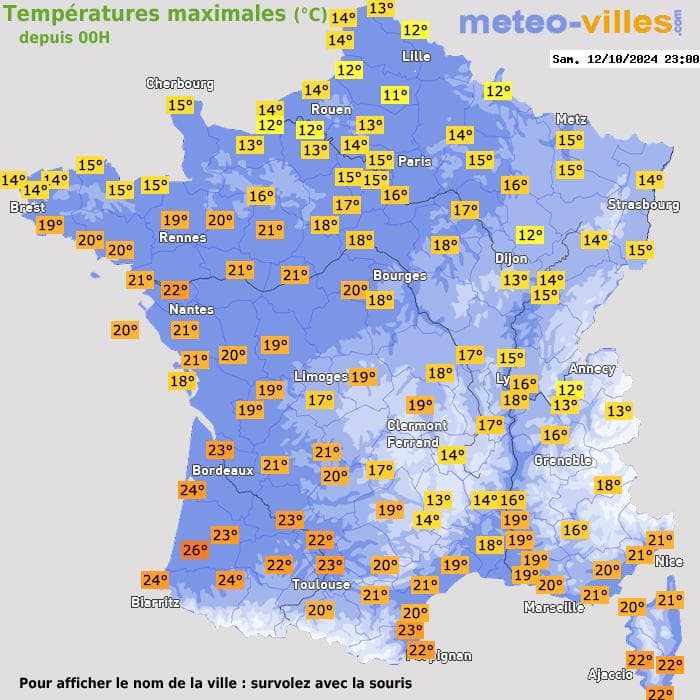 Températures maximales (°C) depuis 00h