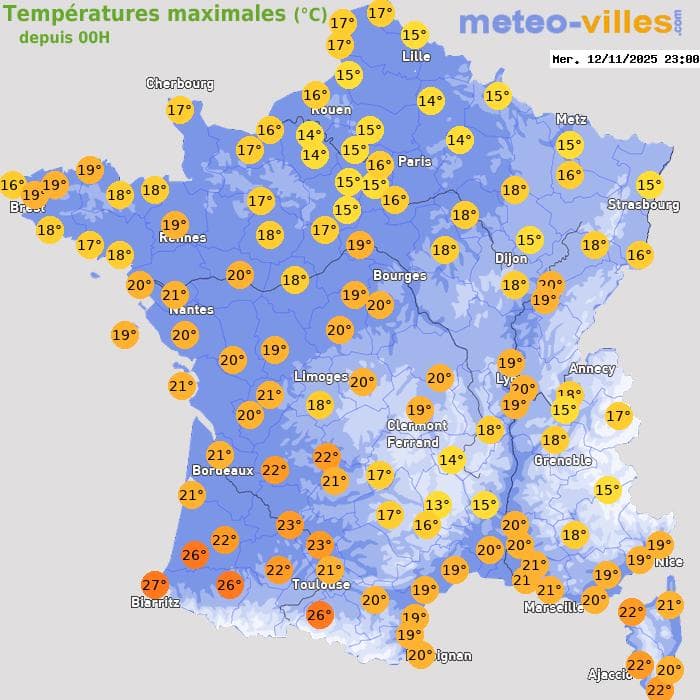Températures maximales (°C) depuis 00h