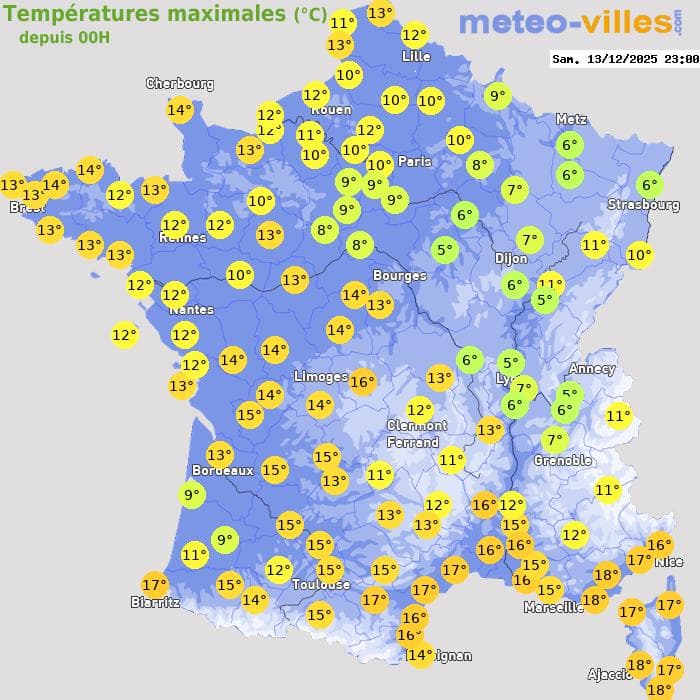 Températures maximales (°C) depuis 00h