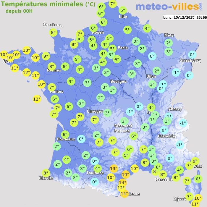 Températures minimales (°C) depuis 00h