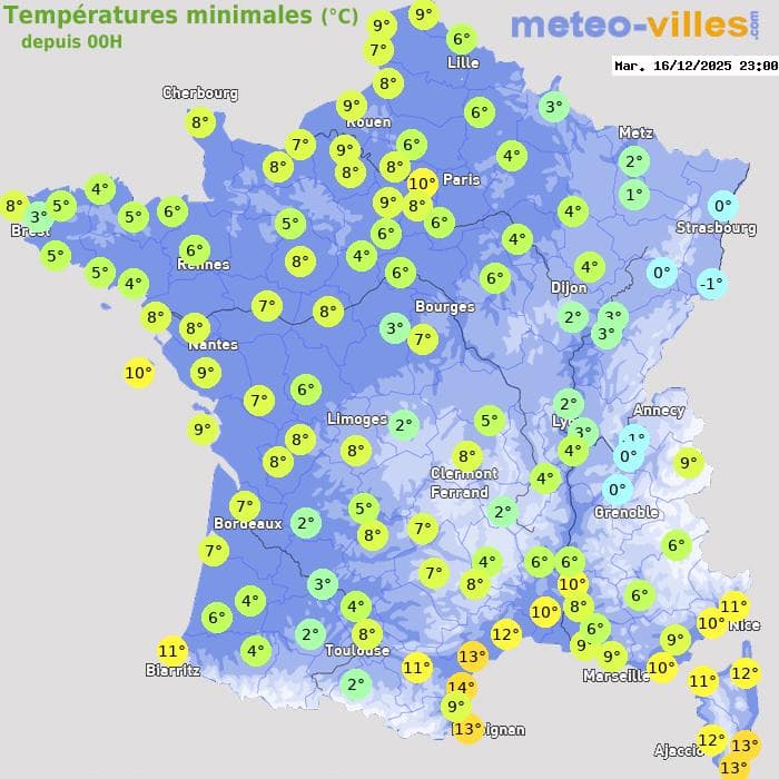 Températures minimales (°C) depuis 00h