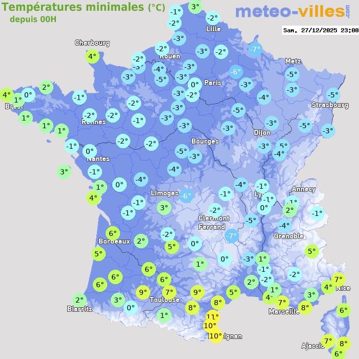 Températures minimales (°C) depuis 00h