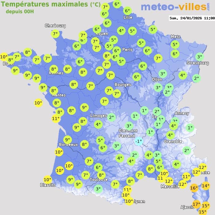Températures maximales (°C) depuis 00h
