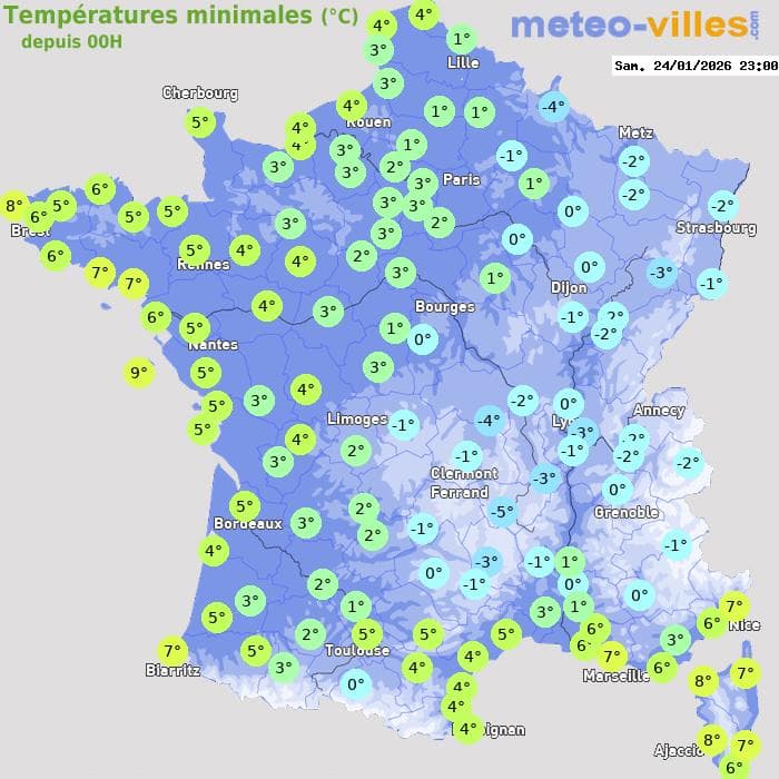 Températures minimales (°C) depuis 00h