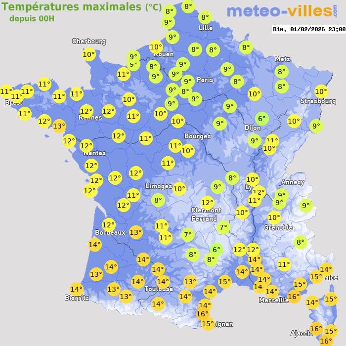 Températures maximales (°C) depuis 00h