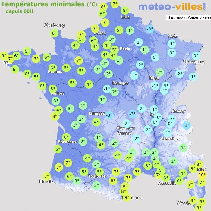 Températures minimales (°C) depuis 00h