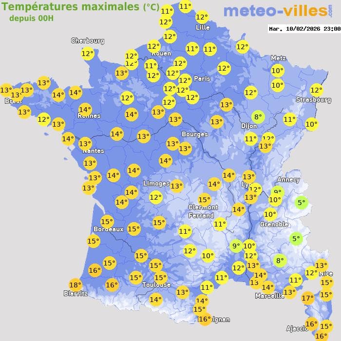 Températures maximales (°C) depuis 00h