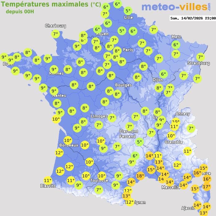 Températures maximales (°C) depuis 00h