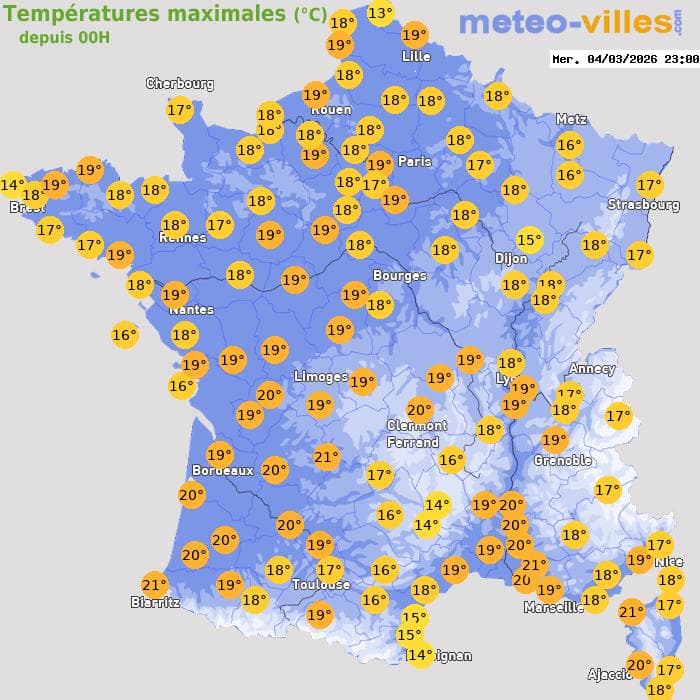 Températures maximales (°C) depuis 00h