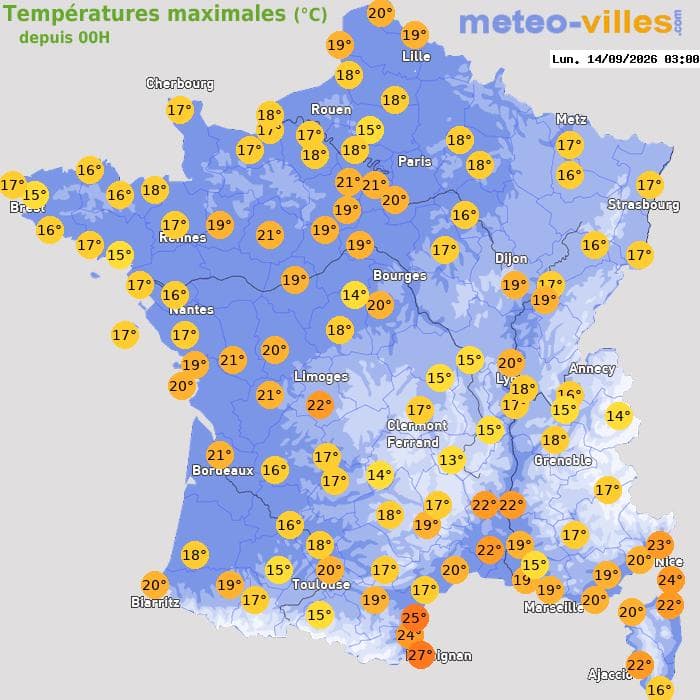 Températures maximales (°C) depuis 00h