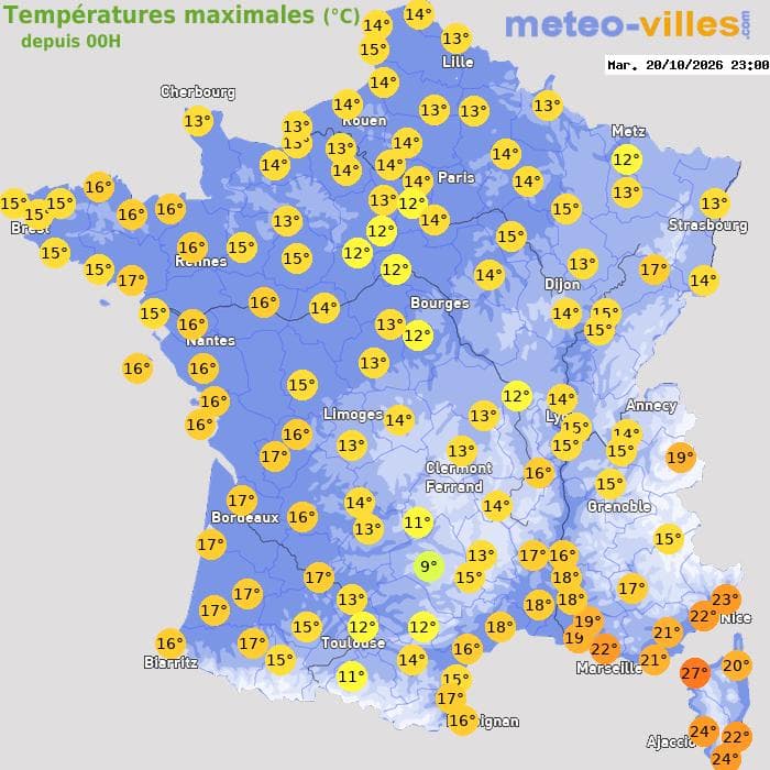 Températures maximales (°C) depuis 00h
