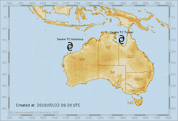 Image d'illustration pour Trevor et Veronica : l'Australie en alerte face à deux cyclones majeurs